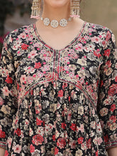 Women's Black Floral Printed & Embroidered Rayon Flared Kurta Palazzo Dupatta Set-KPDBLACKSWAN